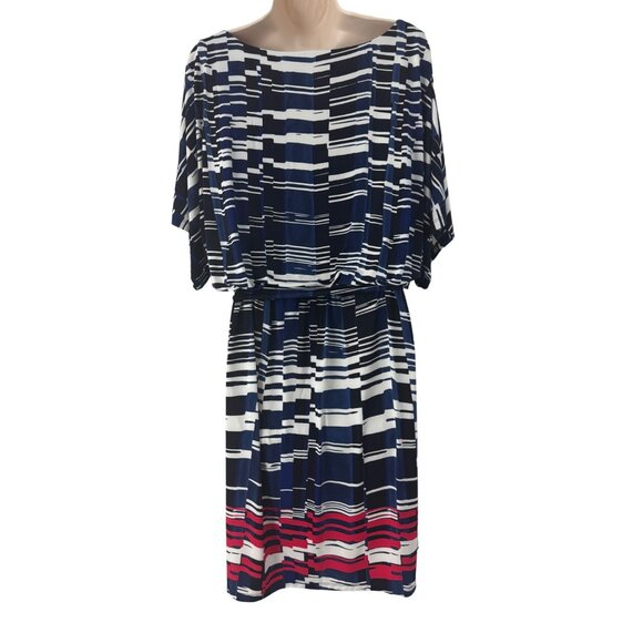 Dressbarn Dolman Sleeve Blue Red‎ Printed Blouson Dress w/Tie Size 1X 16 Office - Picture 3 of 7